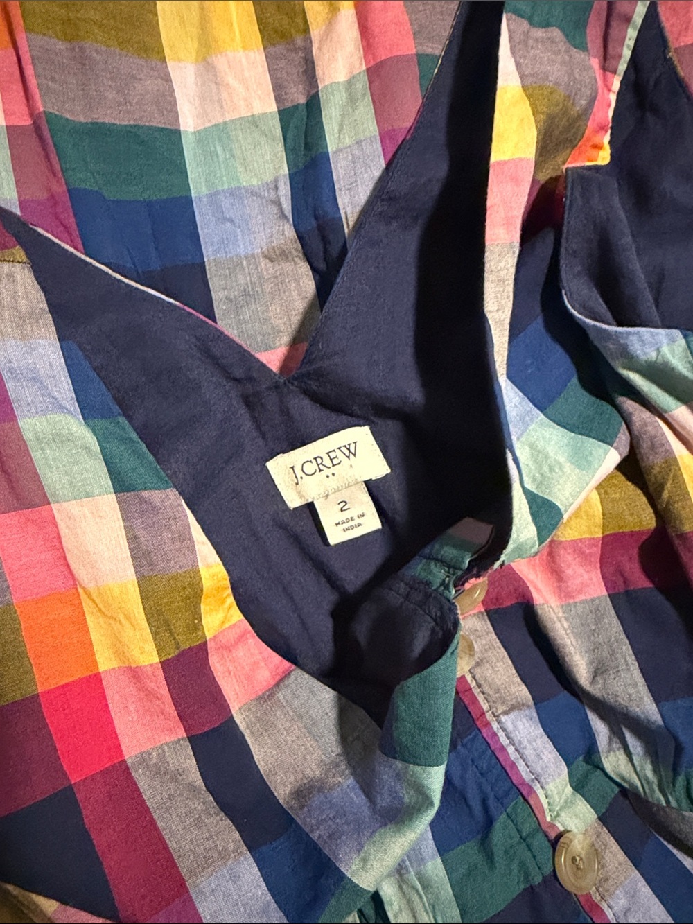 J. Crew Multicolor Plaid Madras V-Neck Sleeveless Midi Dress w/ Buttons - Picture 3 of 7